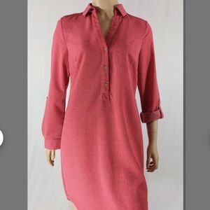 Shirt Dress Women's Red Geo Print Adjustable Sleeve Gold Buttons Classic S